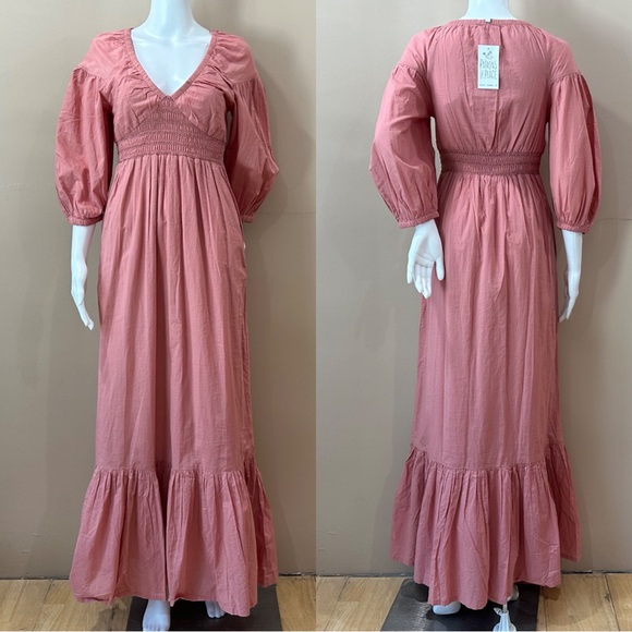 Patrons of Peace Dresses & Skirts - NWT Patrons of Peace Women's M Peach Smocked V-Neck Maxi Dress Puff Sleeve